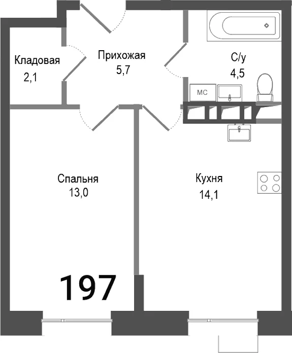 Планировка: 1-комнатная квартира 39,4 м² в ЖК «Киноквартал»