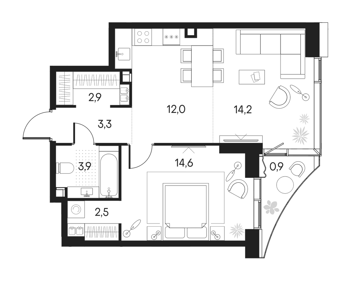 Планировка: Евродвушка 53,4 м² в ЖК «Клубный город на реке Примавера»