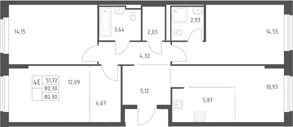 Планировка: Квартира евро-4 80,3 м² в ЖК «Горки Парк»