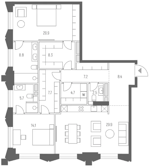 Планировка: Евротрёшка 118,2 м² в ЖК «Веспер Кутузовский»