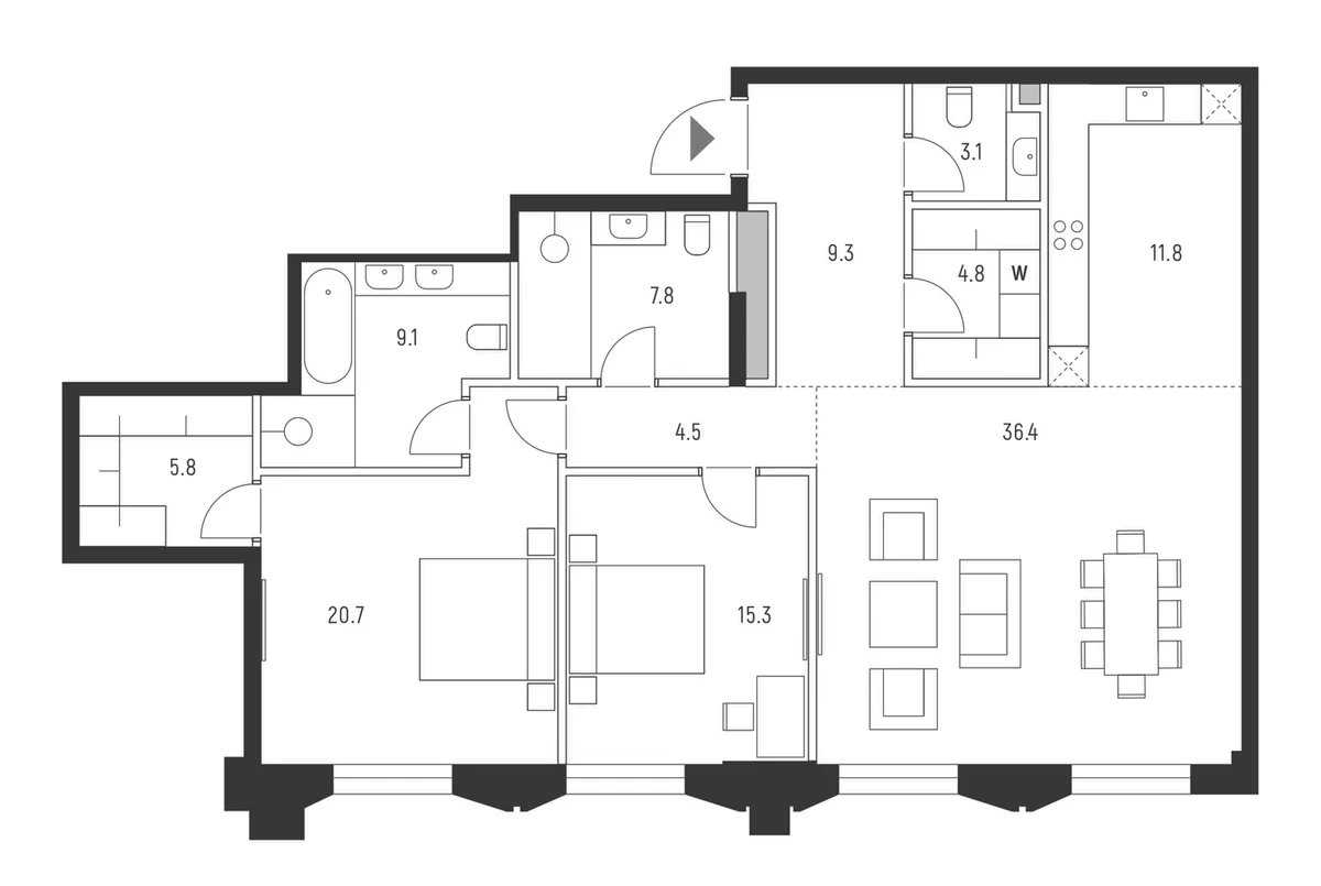 Планировка: Евротрёшка 128,6 м² в ЖК «Веспер Кутузовский»