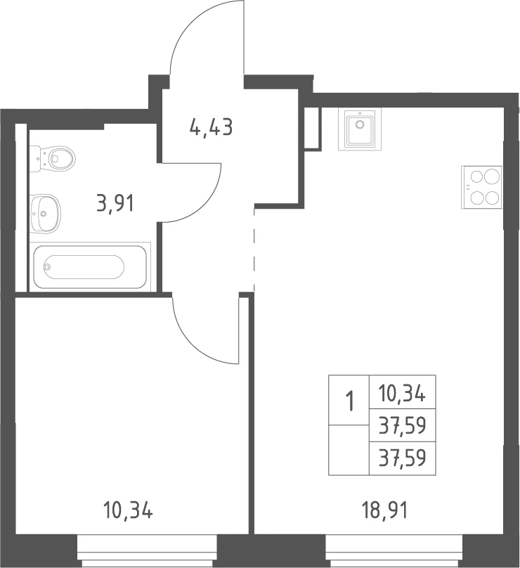 Планировка: Евродвушка 37,6 м² в ЖК «Большое Юрлово»