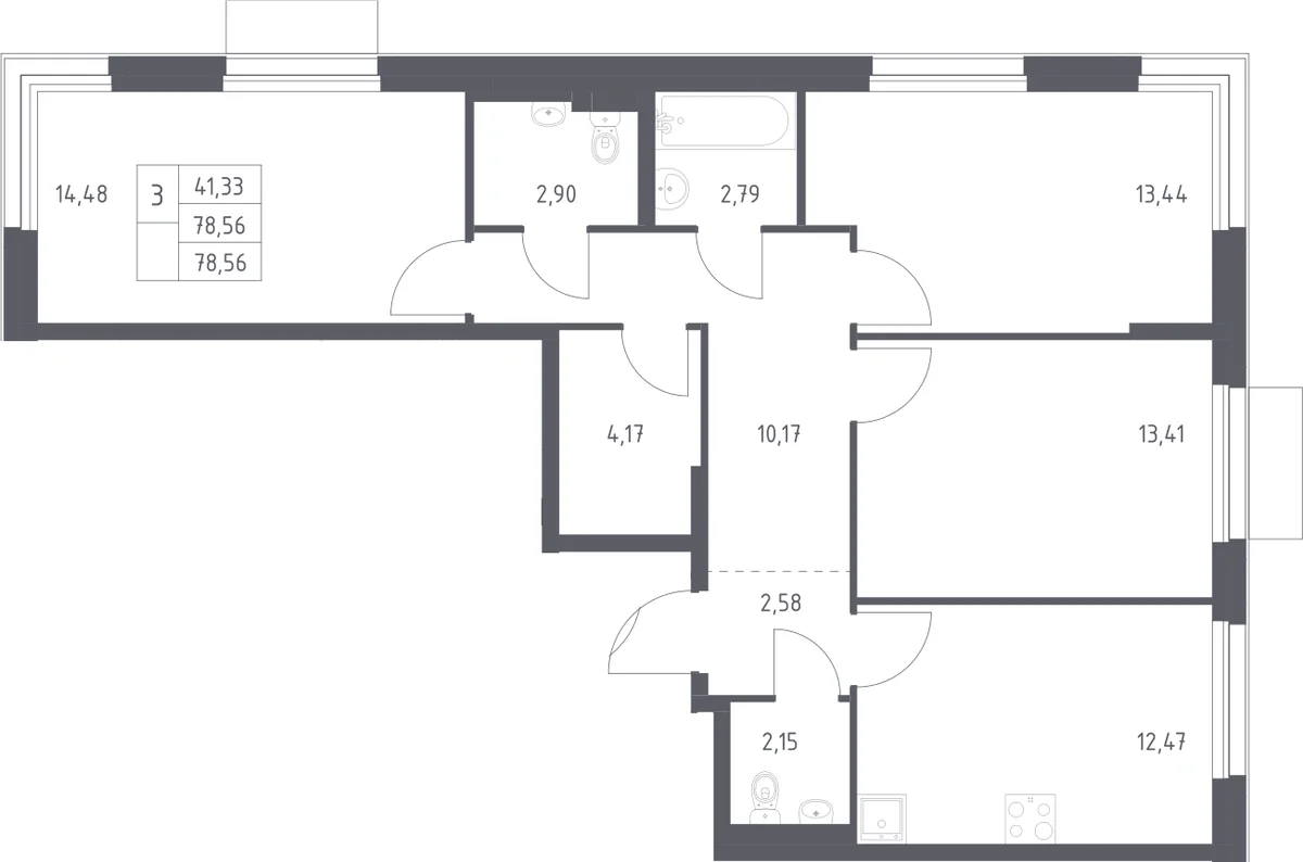 Планировка: 3-комнатная квартира 78,6 м² в ЖК «Новое Внуково»