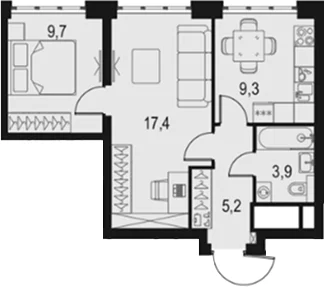 Планировка: 2-комнатная квартира 45,5 м² в ЖК «Левел Южнопортовая»