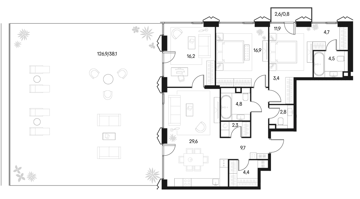 Планировка: Квартира евро-4 111,2 м² в ЖК «Клубный город на реке Примавера»