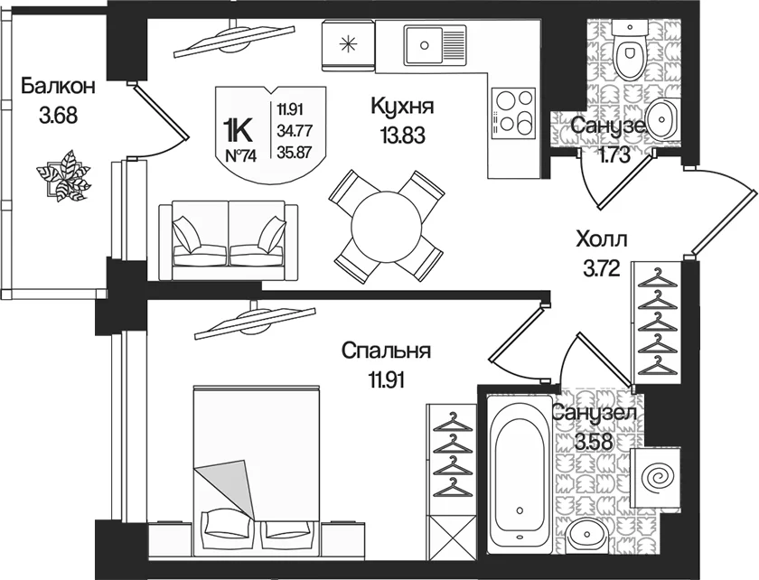 Планировка: 1-комнатная квартира 34,8 м² в ЖК «Охтинские высоты»