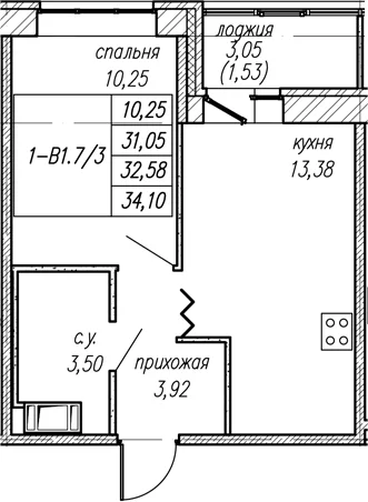 Планировка: 1-комнатная квартира 31,1 м² в ЖК «Уютный Новоселье»
