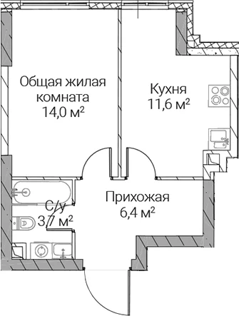 Планировка: 1-комнатная квартира 35,7 м² в ЖК «СЕЗАР СИЛИКА»