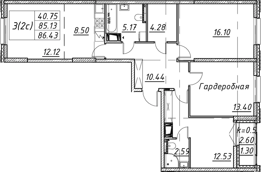 Планировка: Евротрёшка 85,1 м² в ЖК «Цивилизация на Неве»