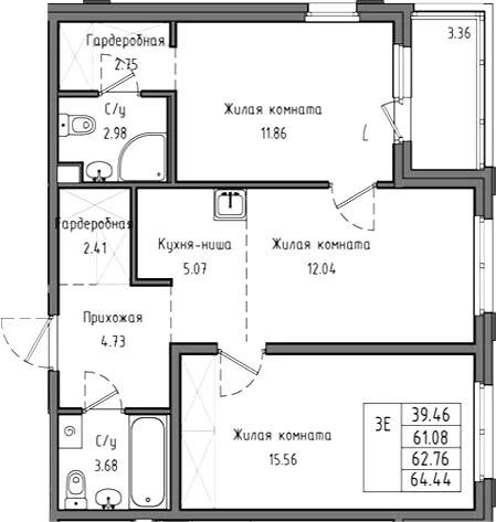 Планировка: Евротрёшка 61,1 м² в ЖК «Тишин»