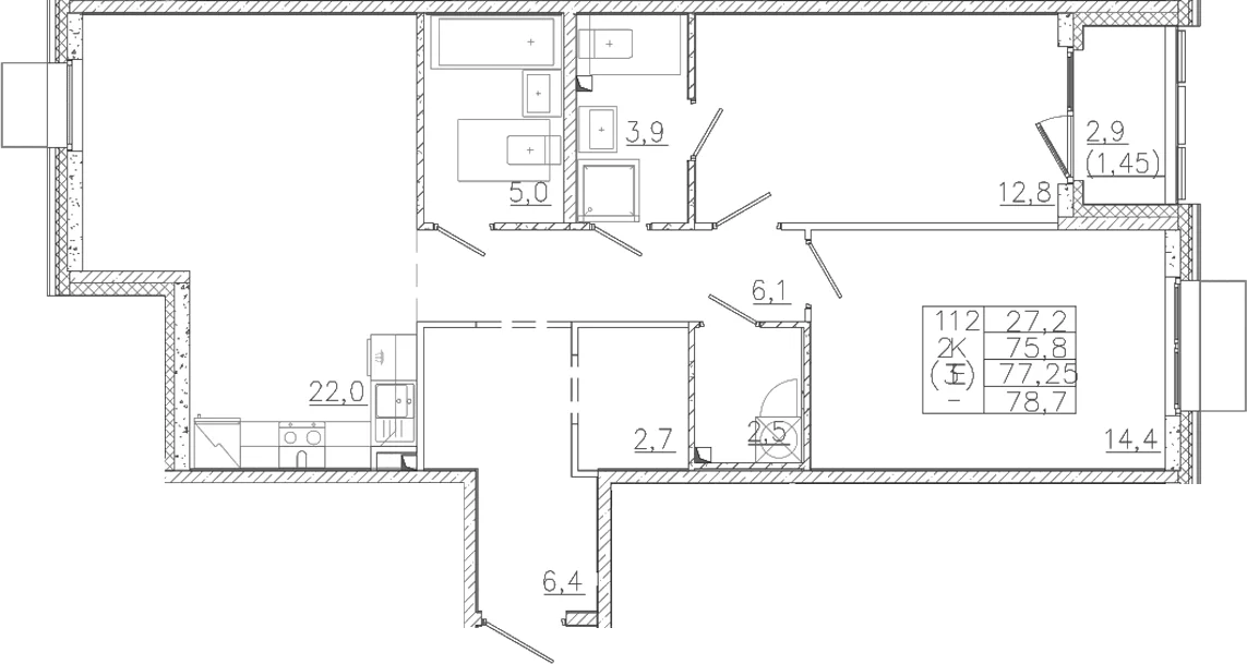 Планировка: Евротрёшка 75,8 м² в ЖК «Лисино»