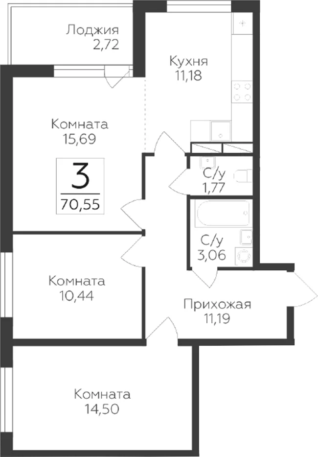 Планировка: 3-комнатная квартира 67,8 м² в ЖК «Панорама Юкки. ГК Развитие. Санкт-Петербург»