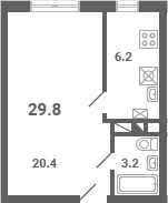 Планировка: 1-комнатная квартира 29,8 м² в ЖК «Южная Долина»