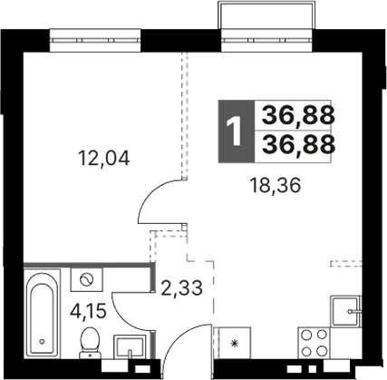 Планировка: Евродвушка 36,9 м² в ЖК «Жаворонки Клаб»