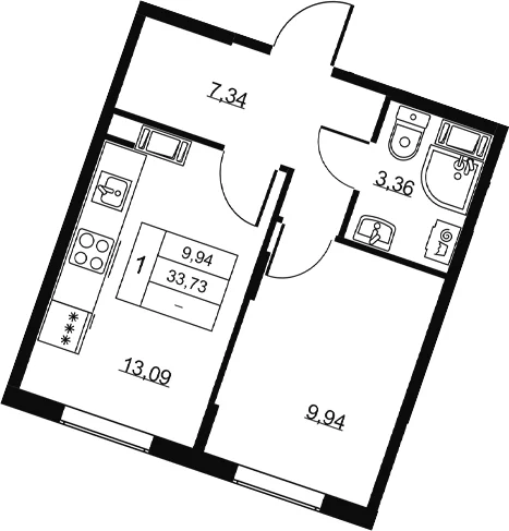 Планировка: 1-комнатная квартира 33,7 м² в ЖК «Высота. Всеволожск»