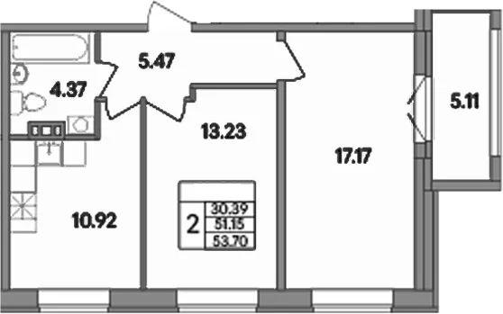 Планировка: 2-комнатная квартира 51,1 м² в ЖК «Рождественский квартал»