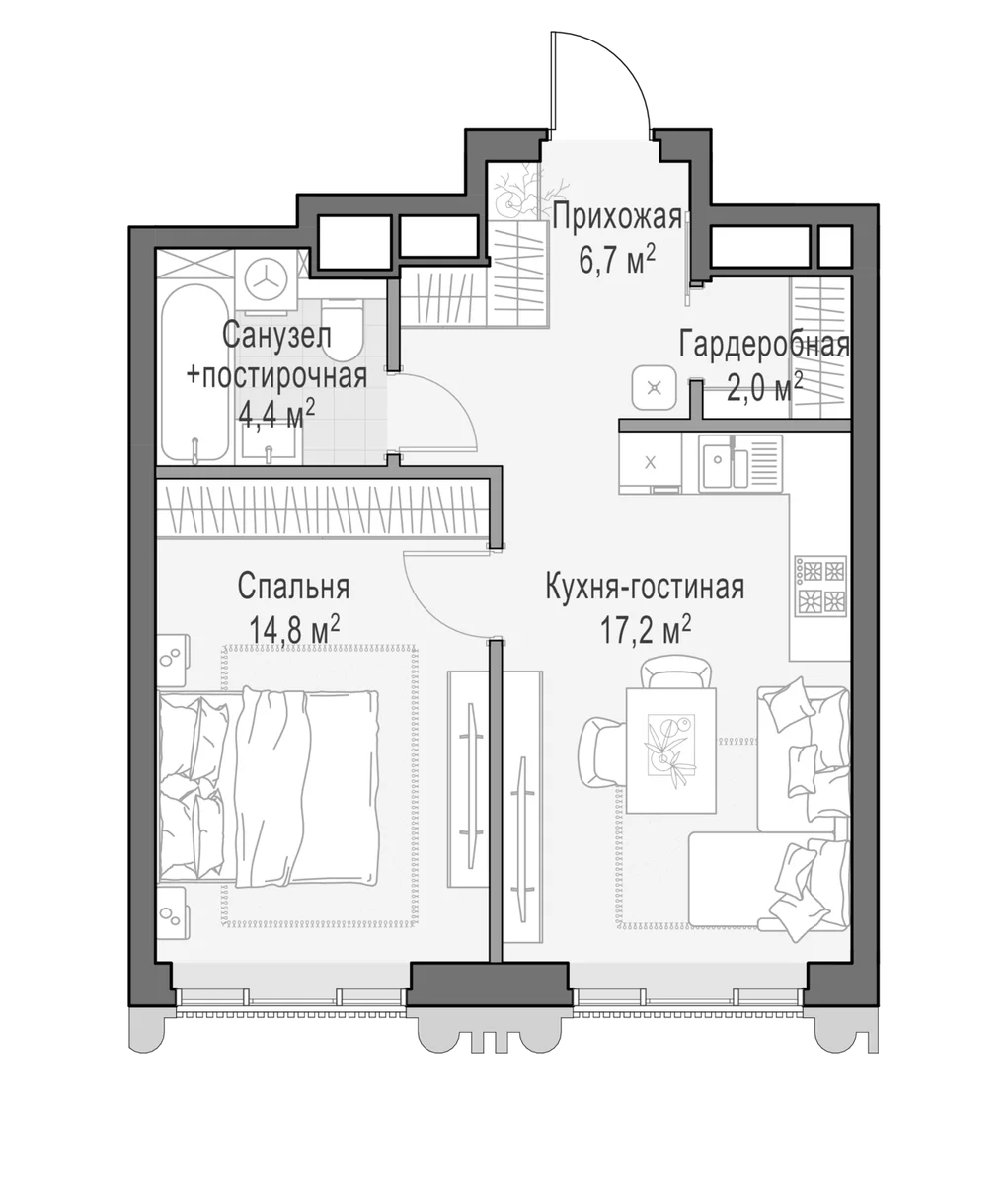Планировка: Евродвушка 44,9 м² в ЖК «Квартал Тишинский бульвар»