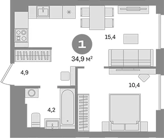 Планировка: 1-комнатная квартира 34,9 м² в ЖК «Квартал Герцена»
