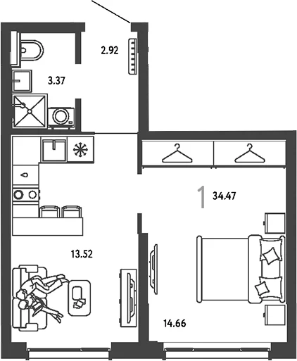 Планировка: 1-комнатная квартира 34,5 м² в ЖК «Страна.Парковая»