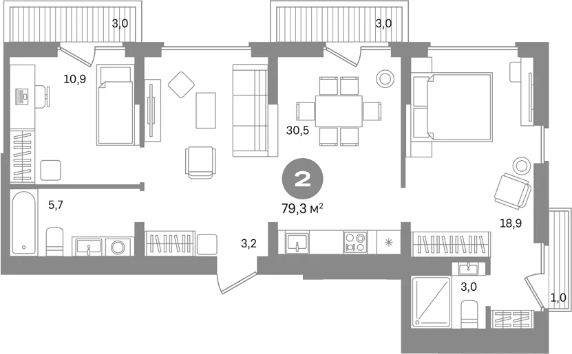 Планировка: 2-комнатная квартира 72,3 м² в ЖК «Первый квартал. Вторая очередь»
