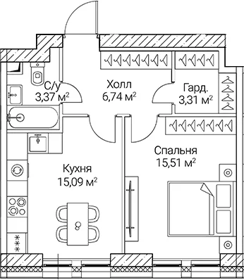 Планировка: 1-комнатная квартира 44 м² в ЖК «СЕЗАР СИТИ»
