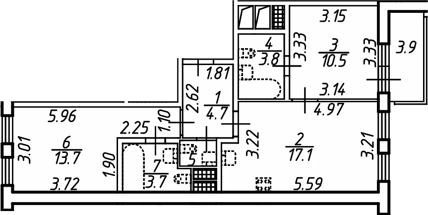 Планировка: Евротрёшка 54,8 м² в ЖК «Аэросити Клаб»