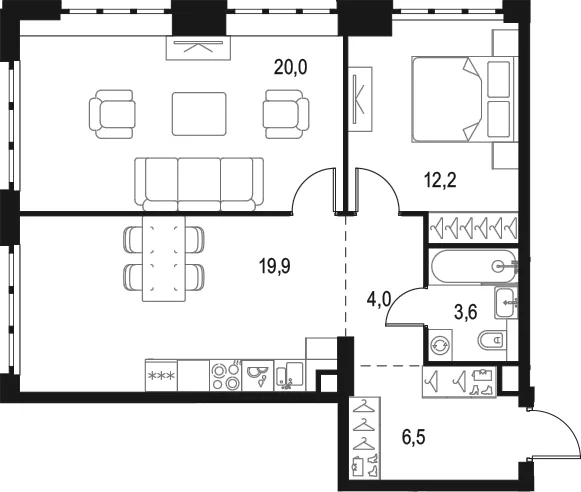 Планировка: 2-комнатная квартира 66,2 м² в ЖК «Левел Южнопортовая»