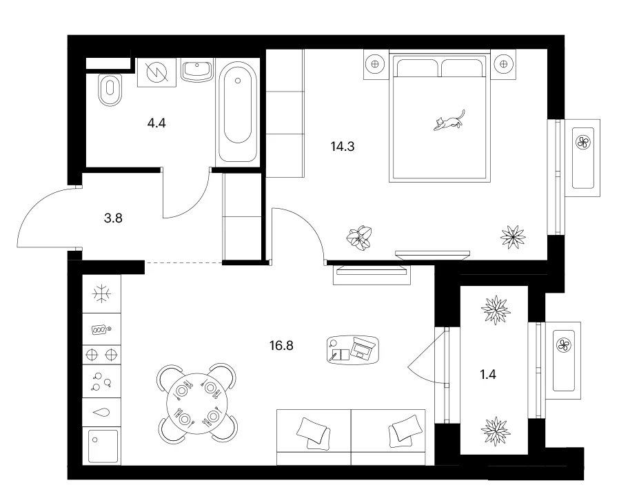 Планировка: 1-комнатная квартира 39,3 м² в ЖК «Ярославский»