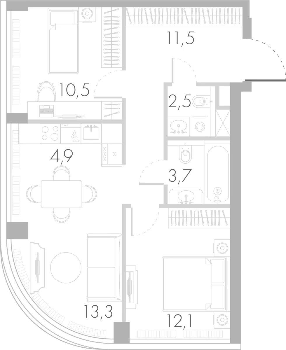 Планировка: Евротрёшка 56,5 м² в ЖК «Ривер Парк Кутузовский»