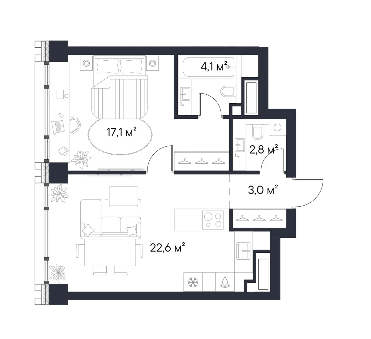 Планировка: 1-комнатная квартира 49,6 м² в ЖК «Первый Нагатинский»