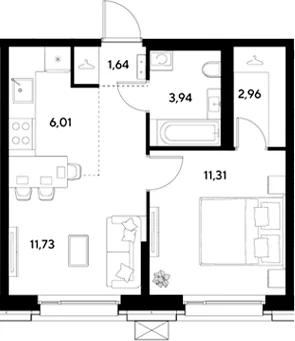 Планировка: Евродвушка 37,6 м² в ЖК «ЭВО»