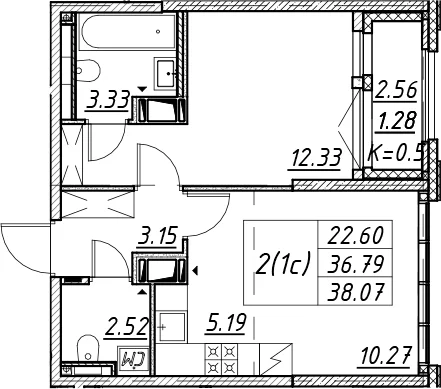 Планировка: Евродвушка 36,8 м² в ЖК «Цивилизация на Неве»