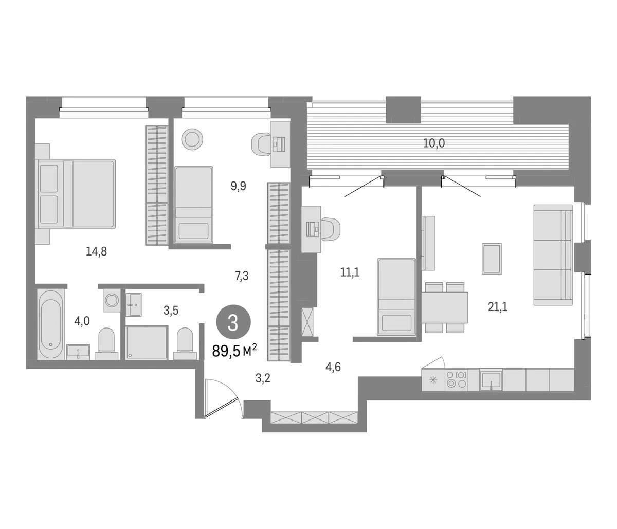 Планировка: 3-комнатная квартира 79,5 м² в ЖК «Северный ветер»
