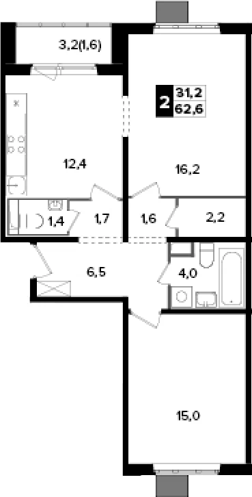 Планировка: 2-комнатная квартира 60 м² в ЖК «Южная Битца»