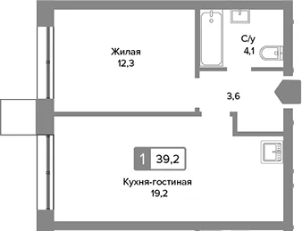 Планировка: Евродвушка 39,2 м² в ЖК «Сити квартал Отрада»