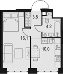 Планировка: 1-комнатная квартира 34,1 м² в ЖК «Левел Южнопортовая»
