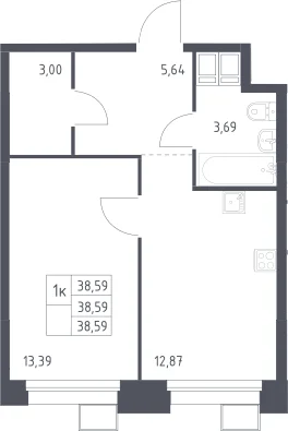 Планировка: 1-комнатная квартира 38,6 м² в ЖК «Тропарево Парк»