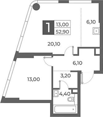 Планировка: 1-комнатная квартира 52,9 м² в ЖК «Даниловский от Гранель»