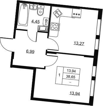Планировка: 1-комнатная квартира 38,7 м² в ЖК «Высота. Всеволожск»