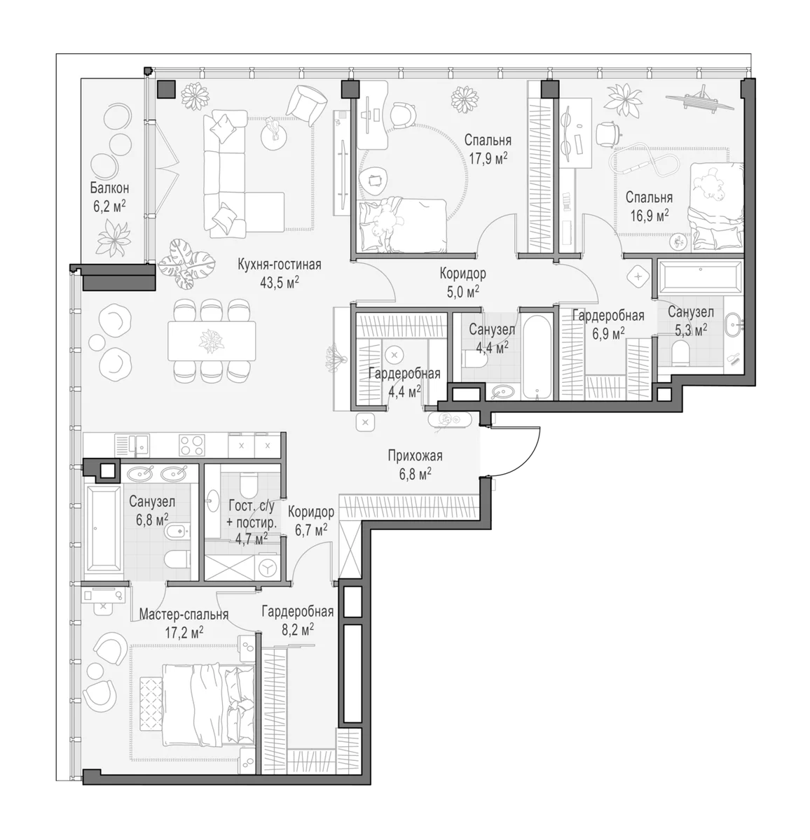 Планировка: Квартира евро-4 157,6 м² в ЖК «Клубный квартал Фрунзенский»