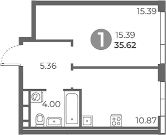 Планировка: 1-комнатная квартира 35,6 м² в ЖК «Нижегородская от Гранель»