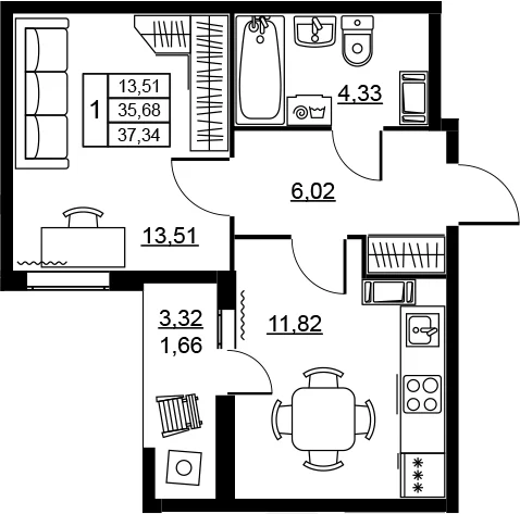 Планировка: 1-комнатная квартира 35,7 м² в ЖК «Высота. Новодевяткино»