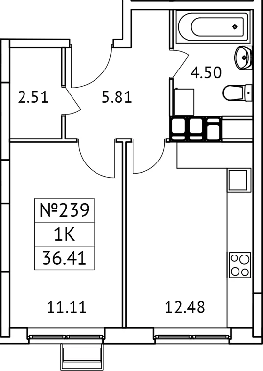 Планировка: 1-комнатная квартира 36,4 м² в ЖК «Новотомилино»