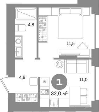 Планировка: 1-комнатная квартира 32 м² в ЖК «Первый квартал. Вторая очередь»