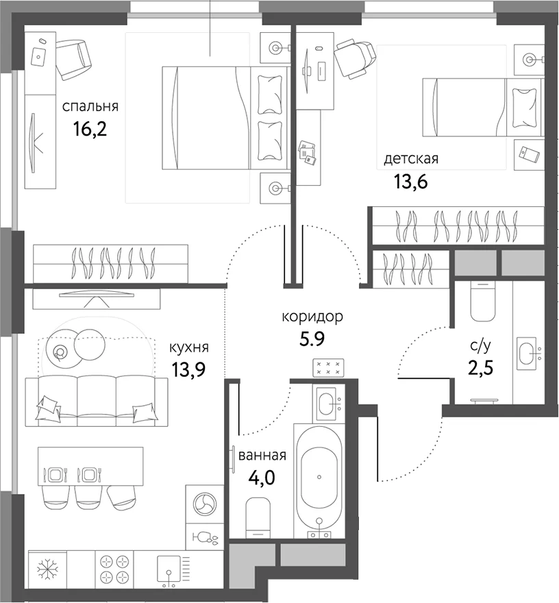 Планировка: 2-комнатная квартира 56,1 м² в ЖК «Сиреневый парк»