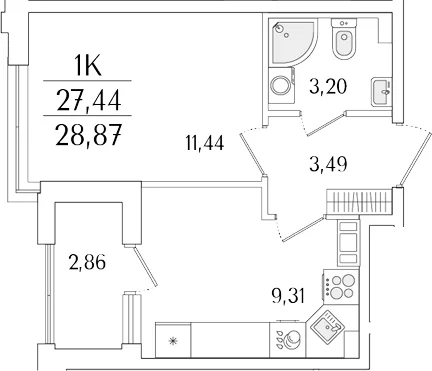 Планировка: 1-комнатная квартира 27,4 м² в ЖК «Гранат»