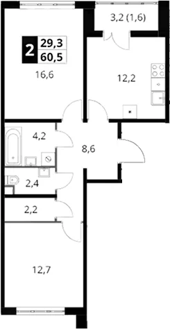 Планировка: 2-комнатная квартира 58,9 м² в ЖК «Южная Битца»