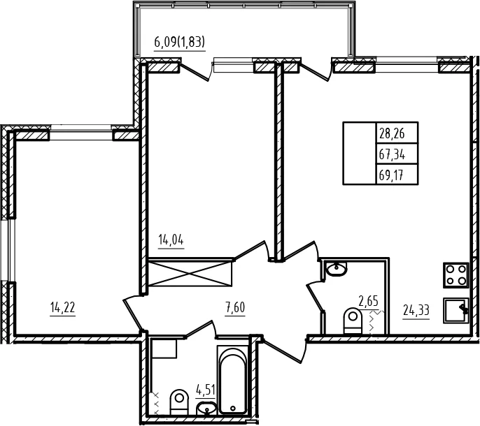 Планировка: Евротрёшка 67,3 м² в ЖК «Новая история»
