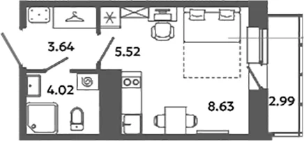 Планировка: Студия 21,8 м² в ЖК «Загляденье»