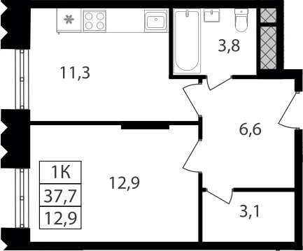 Планировка: 1-комнатная квартира 37,7 м² в ЖК «Варшавские ворота»